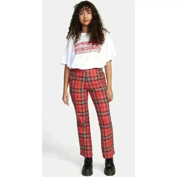 RVCA x Stella Maxwell NWT Women’s Ramone Pants Size 29 Red Plaid Punk Grunge Emo - Picture 3 of 16